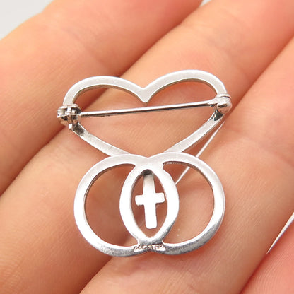 925 Sterling Silver Vintage Heart Cross Circles Pin Brooch