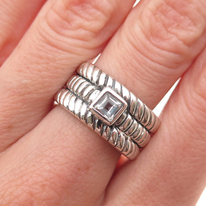 925 Sterling Silver Vintage Real Blue Topaz Oxidized Wide Band Ring Size 7.5