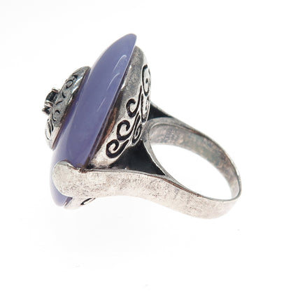 925 Sterling Silver Vintage Real Lavender Jade Black Onyx Statement Ring Size 7