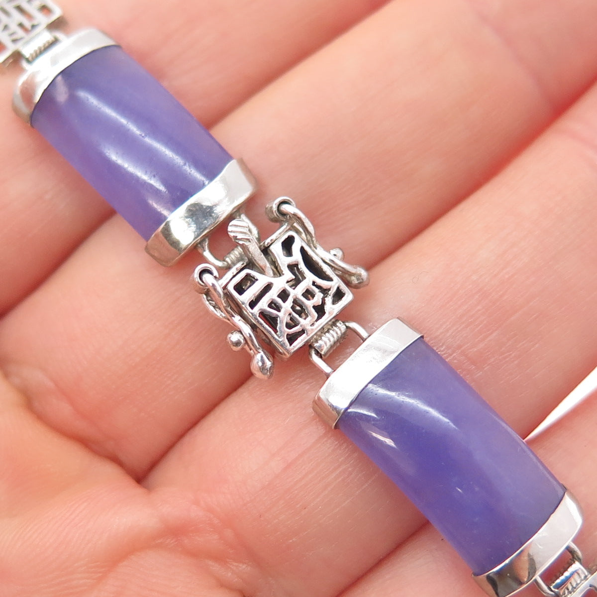 925 Sterling Silver Vintage Real Lavender Jade Chinese Character Bracelet 7.25"