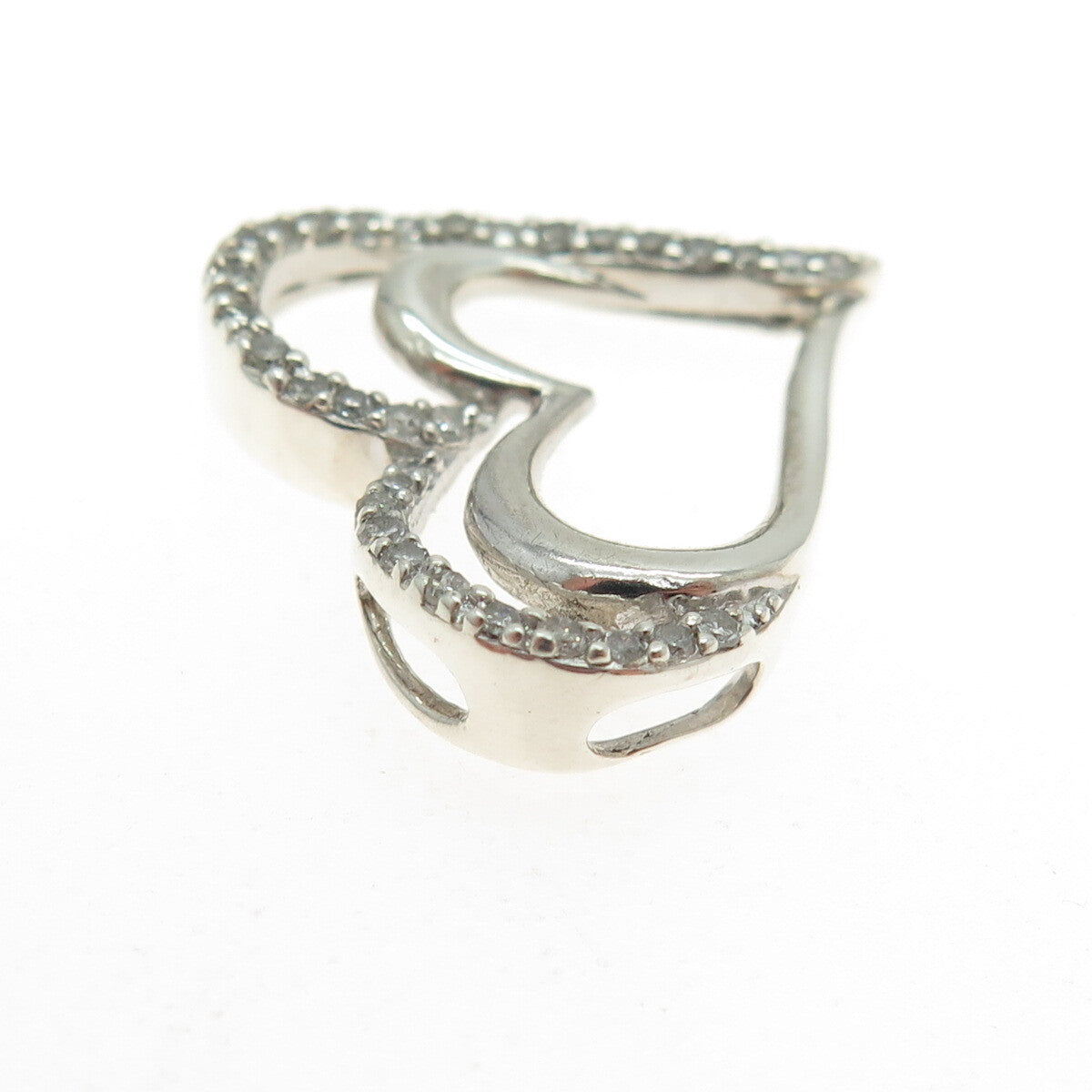 SUN 925 Sterling Silver Real Round-Cut Diamond Double Heart Slide Pendant