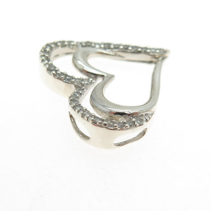 SUN 925 Sterling Silver Real Round-Cut Diamond Double Heart Slide Pendant