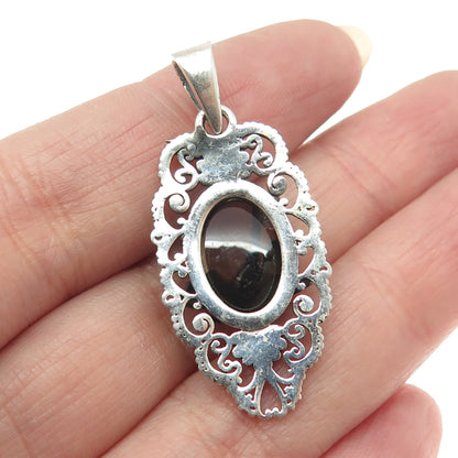 925 Sterling Silver Vintage Real Smoky Quartz Dragonfly Ornate Pendant