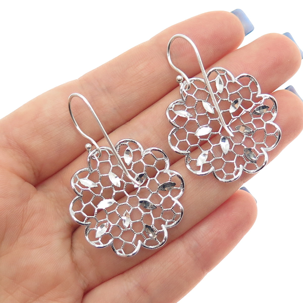 925 Sterling Silver Vintage Flower Filigree Dangle Earrings