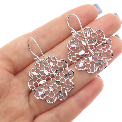 925 Sterling Silver Vintage Flower Filigree Dangle Earrings