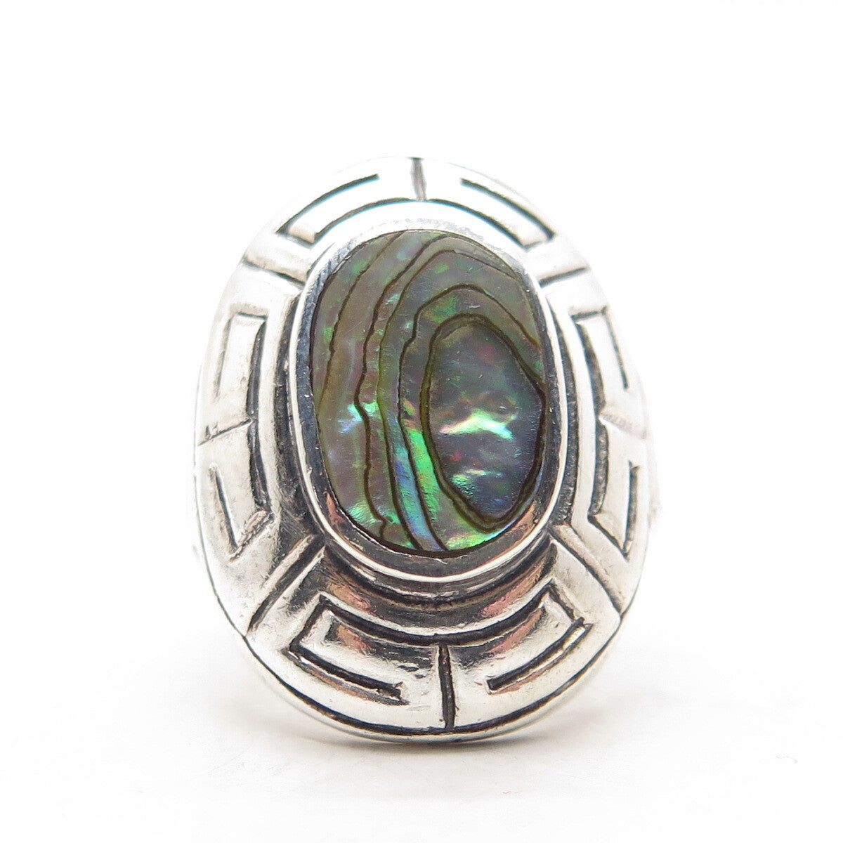 925 Sterling Silver Vintage Real Abalone Shell Greek Maze Ring Size 6.75
