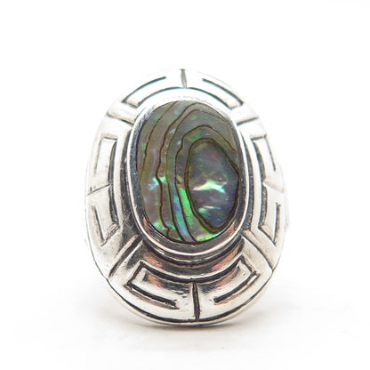 925 Sterling Silver Vintage Real Abalone Shell Greek Maze Ring Size 6.75