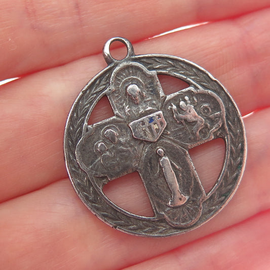 925 Sterling Silver Antique Art Deco 4-Way Cross Medal Oxidized Charm Pendant