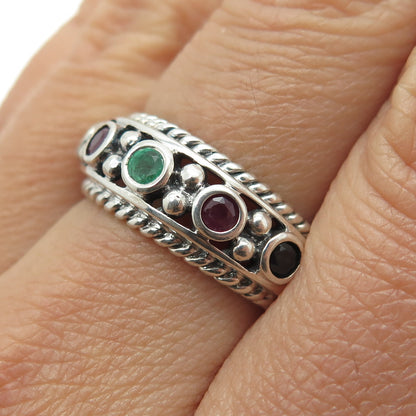 925 Sterling Silver Vintage Real Ruby Emerald Sapphire Gemstone Ring Size 8.25