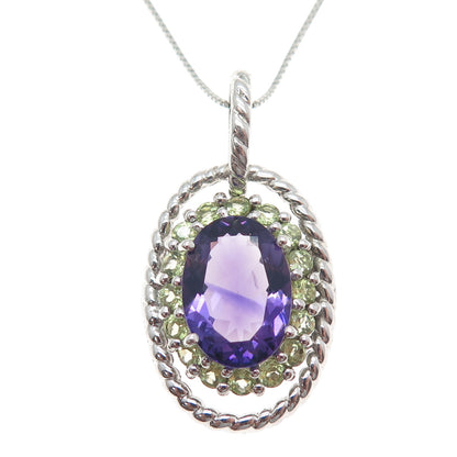 FADI 925 Sterling Silver Real Amethyst & Peridot Box Chain Necklace 18"