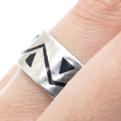 925 Sterling Silver Vintage Mexico Enamel Zig Zag Oxidized Band Ring Size 12.75