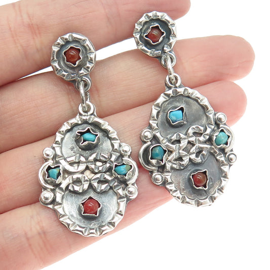 925 Sterling Silver Vintage Mexico Real Turquoise & Carnelian Tribal Earrings