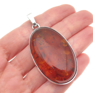 925 Sterling Silver Vintage Poland Real Cabochon Amber Oval Pendant