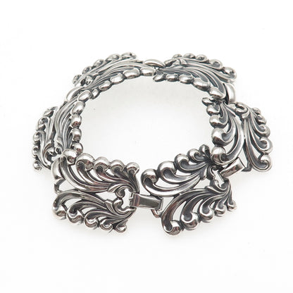 Danecraft 925 Sterling Silver Antique Art Deco Floral Panel Link Bracelet 7.75"