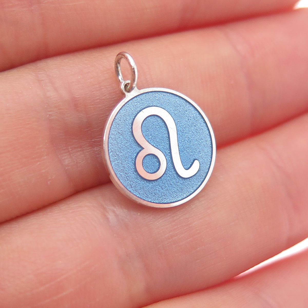 925 Sterling Silver Blue Enamel Leo Zodiac Round Tag Minimalist Charm Pendant