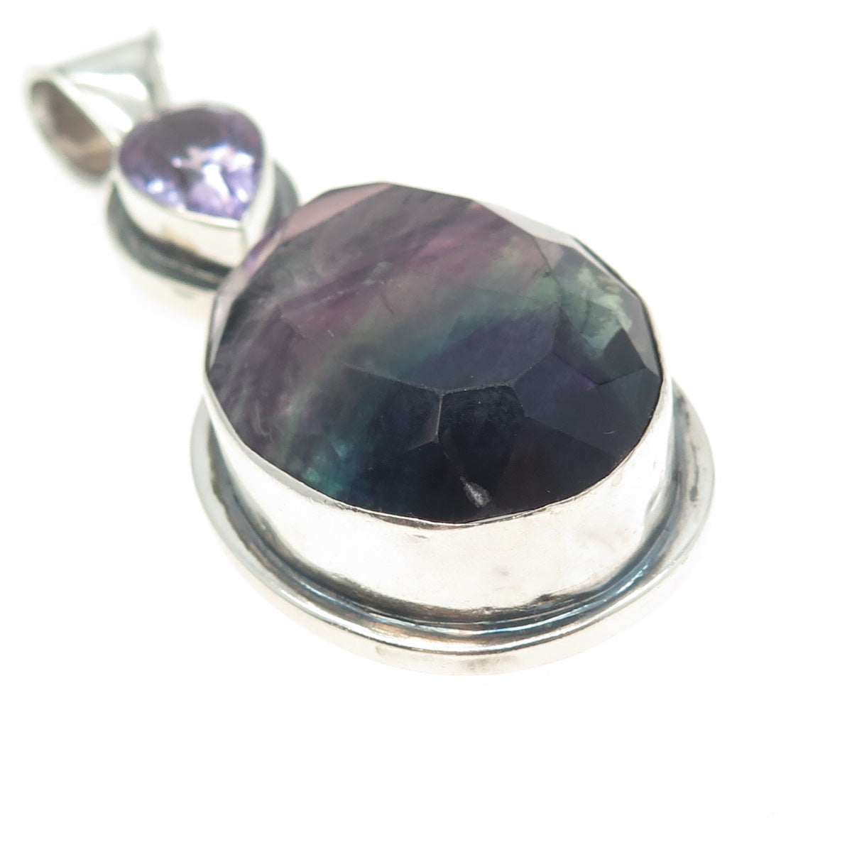 925 Sterling Silver Vintage Pear-Cut Amethyst & Oval-Cut Fluorite Large Pendant