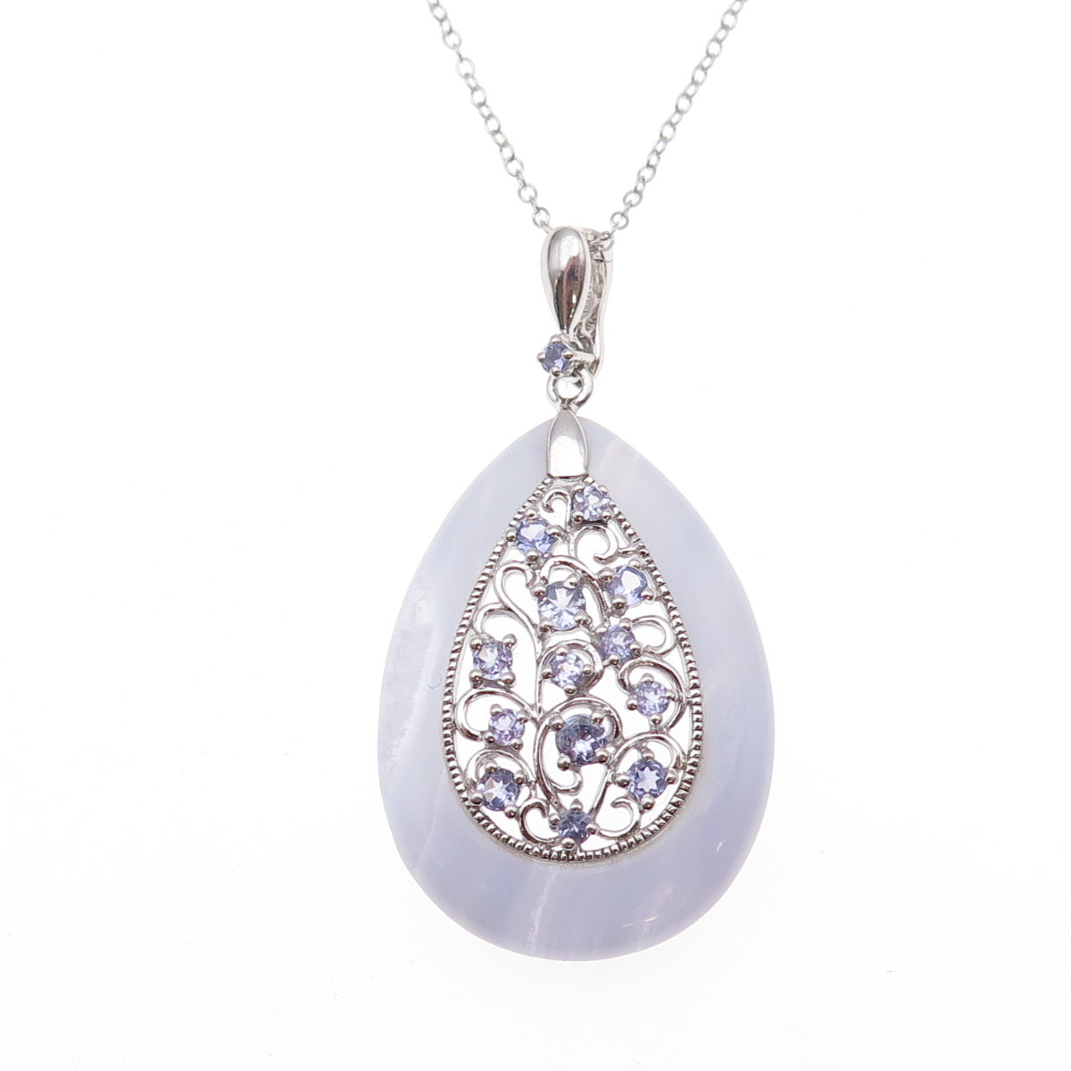 925 Sterling Silver Real Lace Agate Tanzanite Teardrop Cable Chain Necklace 18"