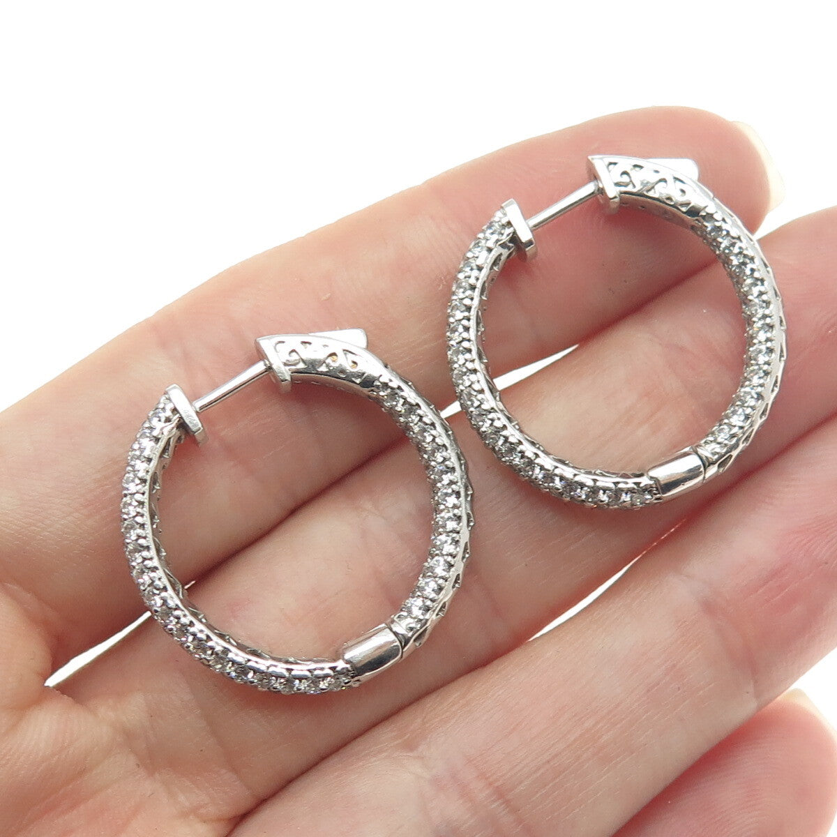 925 Sterling Silver Round-Cut C Z In & Out Hoop Earrings