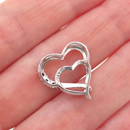 925 Sterling Silver Real Diamond Double Heart Mini Slide Charm Pendant