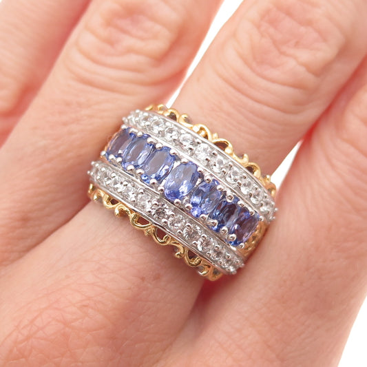 Chuck Clemency 925 Sterling Silver 2-Tone Real Tanzanite White Topaz Ring Size 8