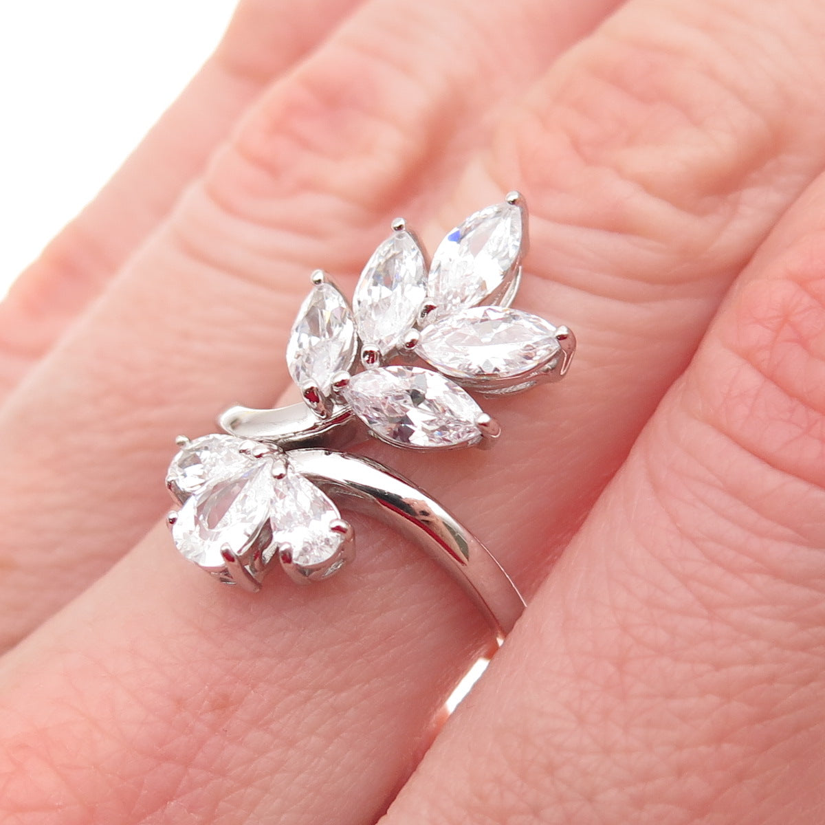 925 Sterling Silver Marquise & Pear-Cut C Z Floral Bypass Ring Size 7