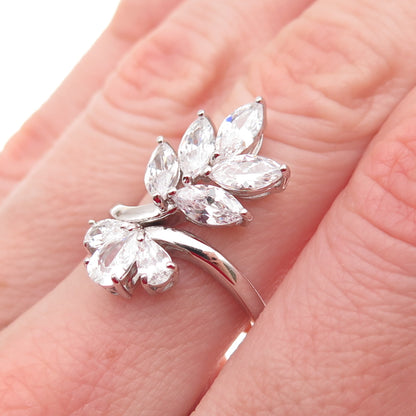 925 Sterling Silver Marquise & Pear-Cut C Z Floral Bypass Ring Size 7