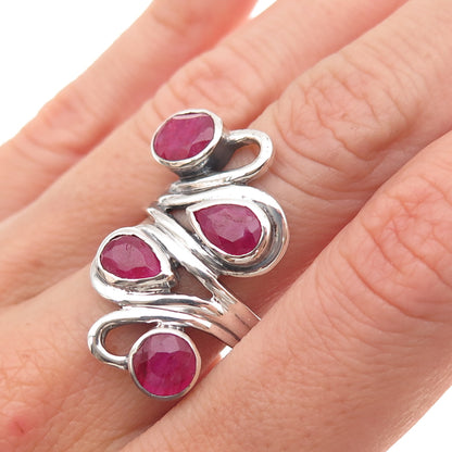 925 Sterling Silver Vintage Real Ruby Modernist Swirl Oxidized Ring Size 9