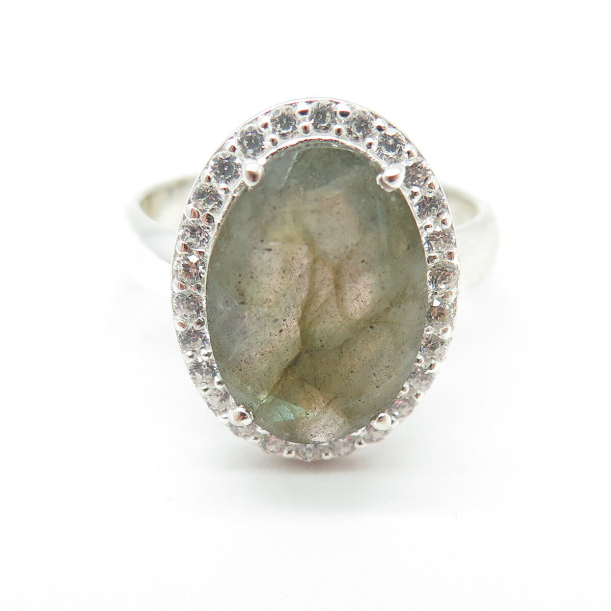 FRANK AHM 925 Sterling Silver Real Oval-Cut Labradorite & C Z Ring Size 7.75