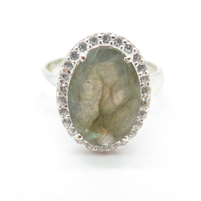 FRANK AHM 925 Sterling Silver Real Oval-Cut Labradorite & C Z Ring Size 7.75
