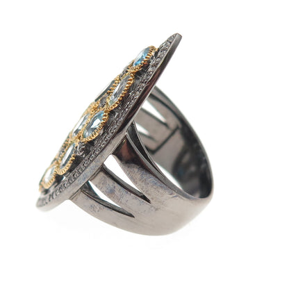 925 Sterling 2-Tone Black Rhodium Real London Blue & White Topaz Ring Size 6.25