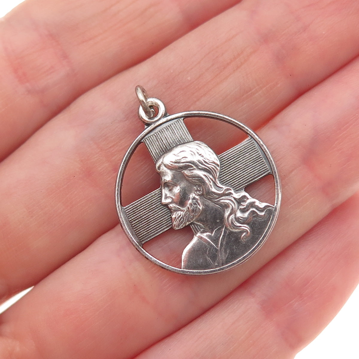 Wells 925 Sterling Silver Antique Art Deco Jesus Cross Protestant Charm Pendant