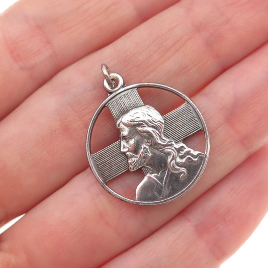 Wells 925 Sterling Silver Antique Art Deco Jesus Cross Protestant Charm Pendant