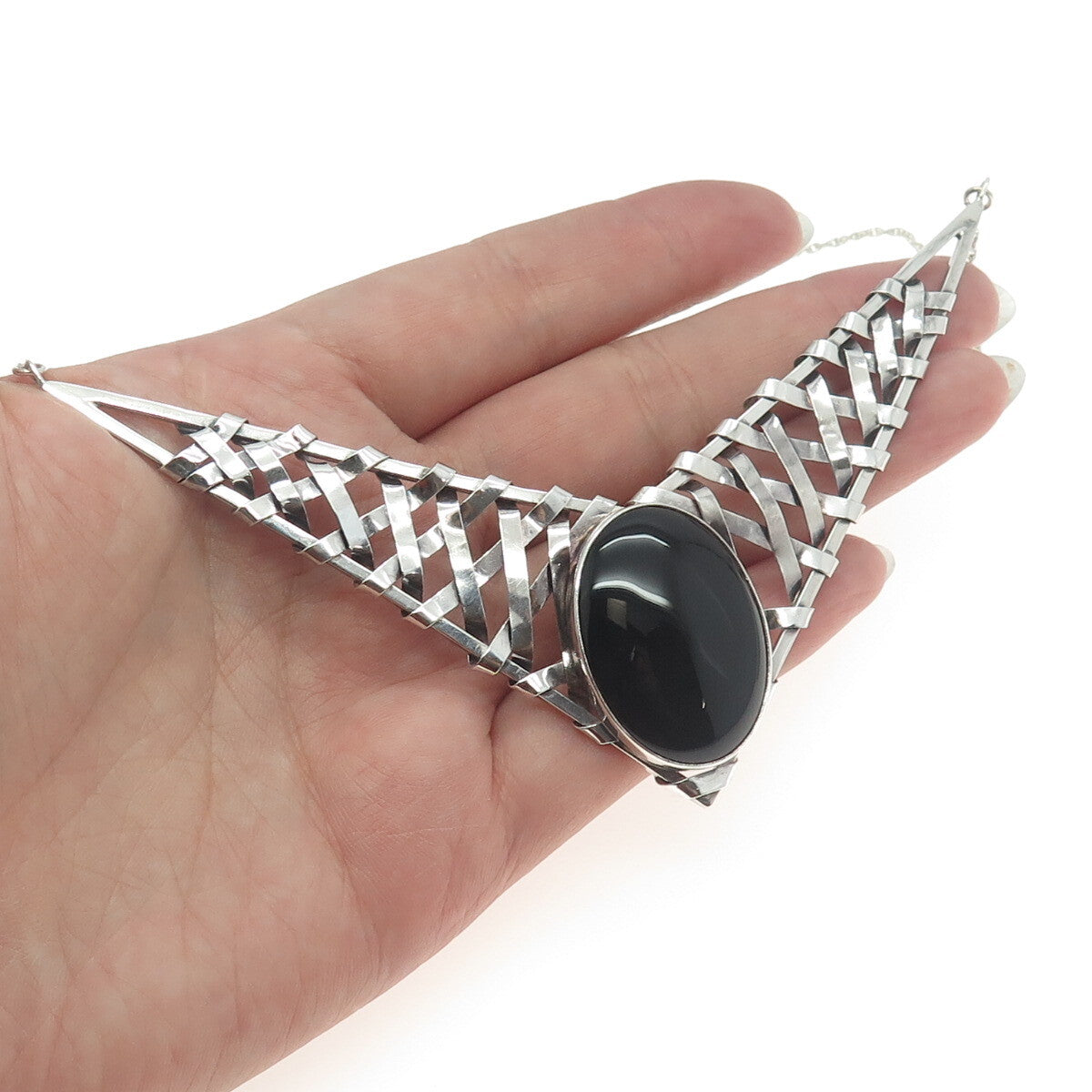 925 Sterling Silver Vintage Real Black Onyx Modernist Woven Chain Necklace 18"