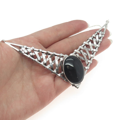 925 Sterling Silver Vintage Real Black Onyx Modernist Woven Chain Necklace 18"