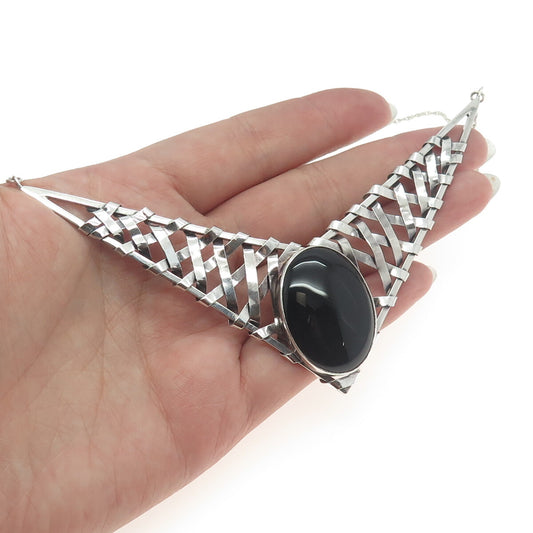 925 Sterling Silver Vintage Real Black Onyx Modernist Woven Chain Necklace 18"