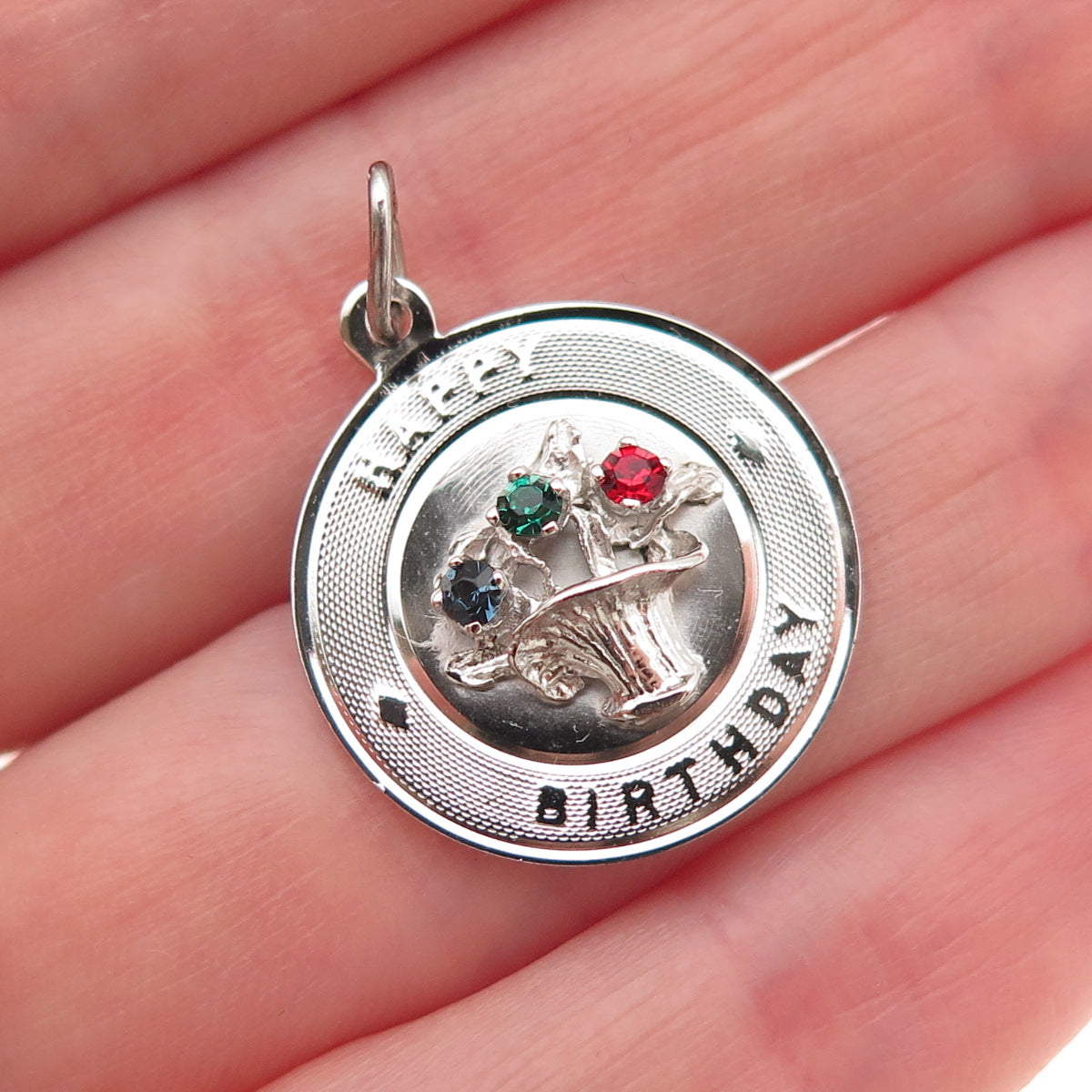 Town & Country Sterling Silver Vintage Rhinestone Happy Birthday Charm Pendant