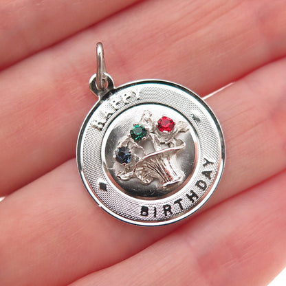 Town & Country Sterling Silver Vintage Rhinestone Happy Birthday Charm Pendant
