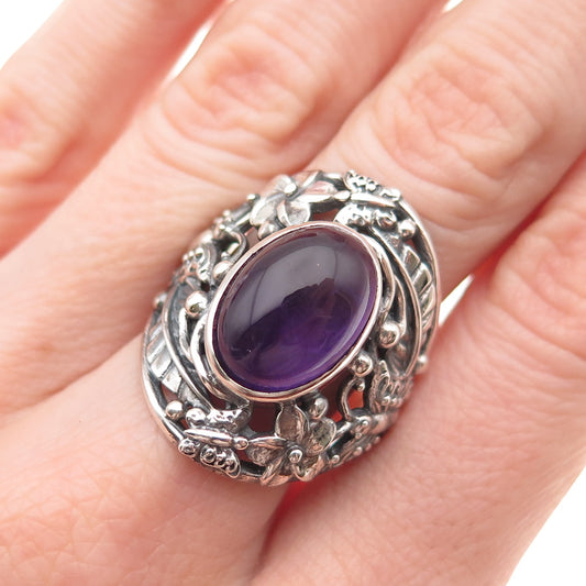 925 Sterling Silver Vintage Real Amethyst Floral Oxidized Ring Size 8