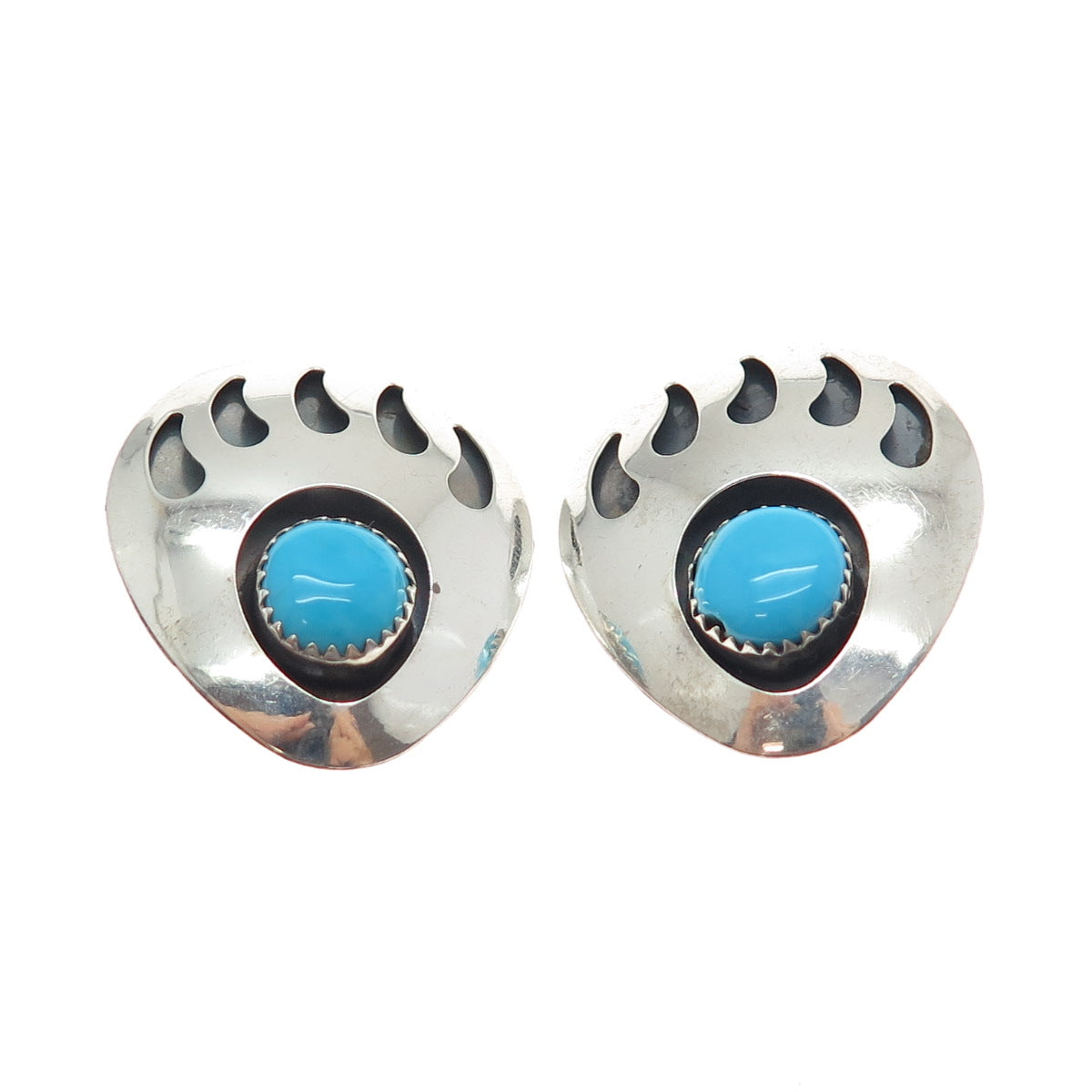Old Pawn 925 Sterling Silver Vintage Turquoise Bear Paw Tribal Clip On Earrings