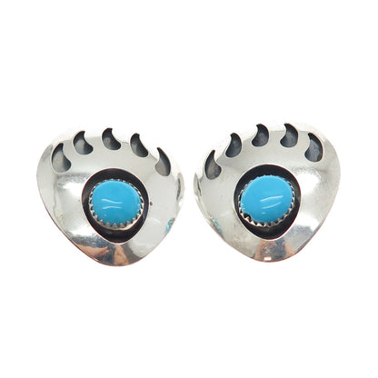 Old Pawn 925 Sterling Silver Vintage Turquoise Bear Paw Tribal Clip On Earrings