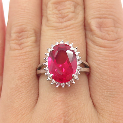 925 Sterling Silver Lab-Created Ruby & C Z Ring Size 7.75
