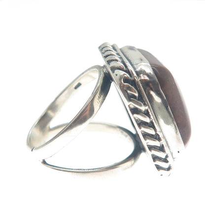 925 Sterling Silver Vintage Real Jasper Twisted Bezel Oxidized Ring Size 7.75
