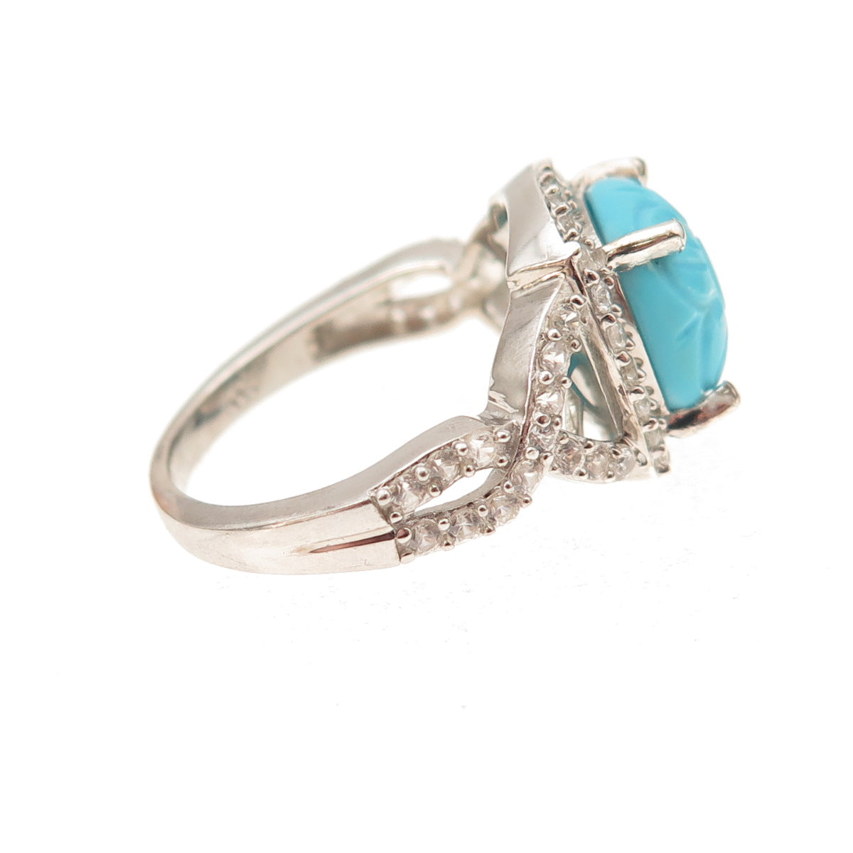 D'Joy 925 Sterling Real Sleeping Beauty Turquoise White Topaz Floral Ring Size 8