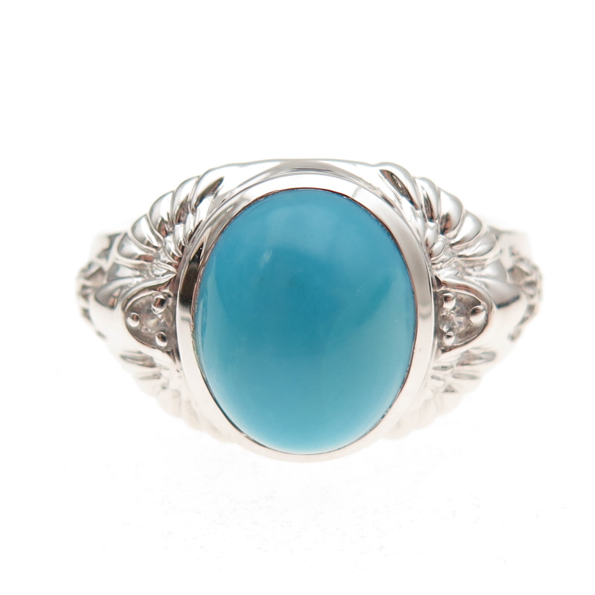 925 Sterling Silver Real Sleeping Beauty Turquoise & White Topaz Ring Size 8