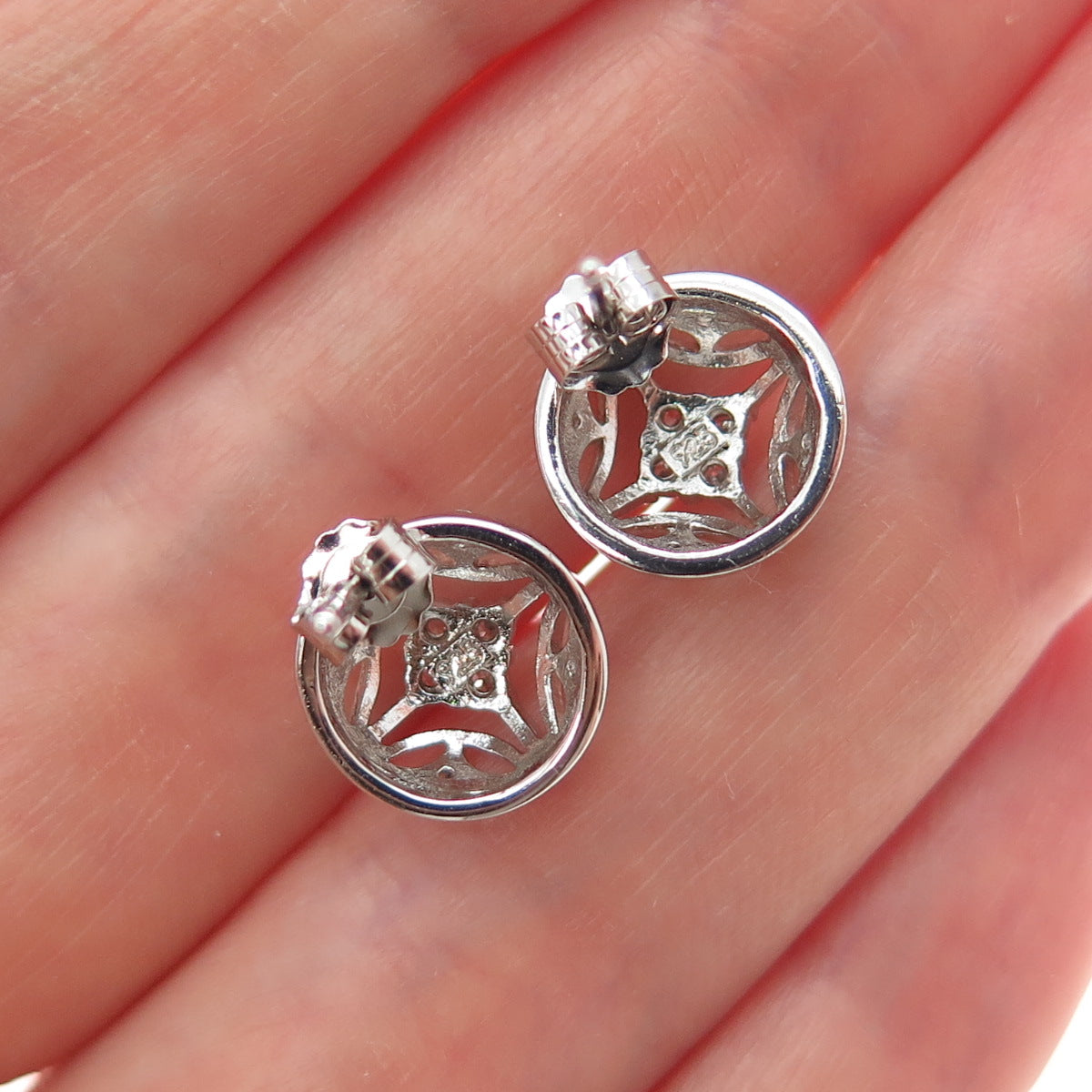 925 Sterling Silver Round-Cut C Z Ornate Stud Earrings