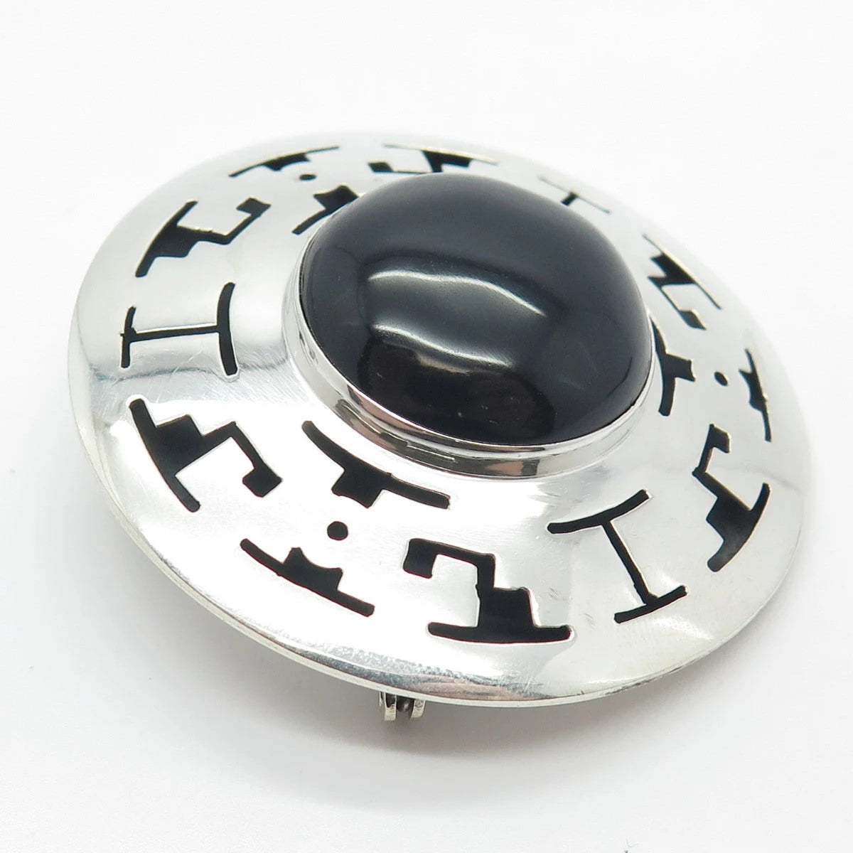 925 Sterling Silver Vintage Mexico Real Black Onyx Gem Maze Pin Brooch / Pendant