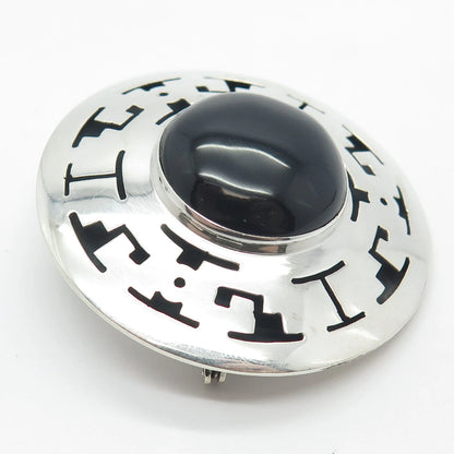 925 Sterling Silver Vintage Mexico Real Black Onyx Gem Maze Pin Brooch / Pendant