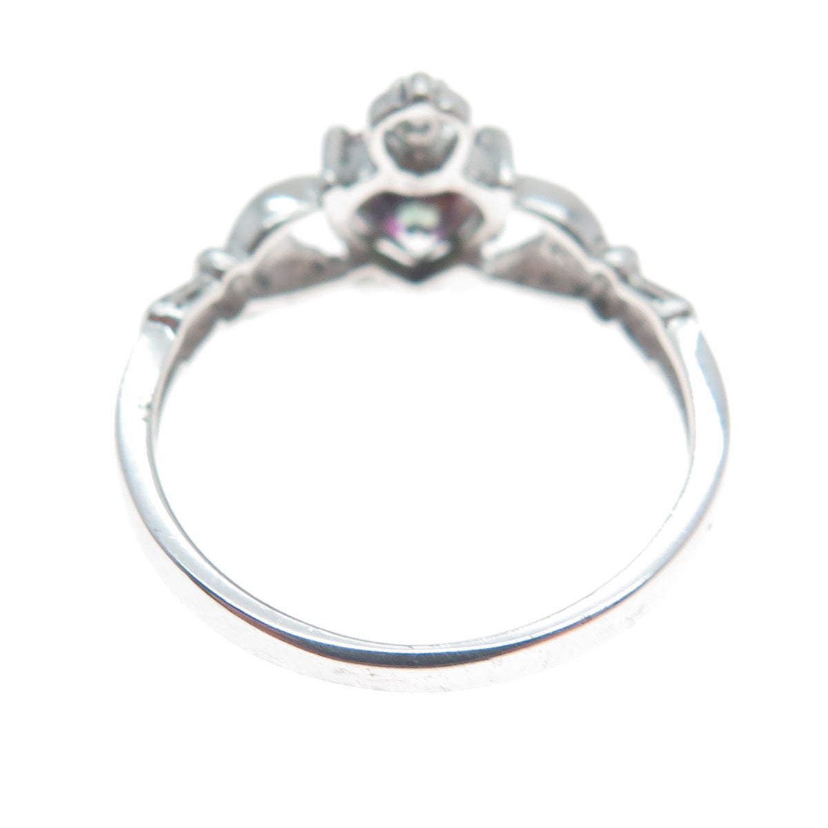 925 Sterling Silver Heart-Cut Mystic Quartz & C Z Irish Claddagh Ring Size 7.5