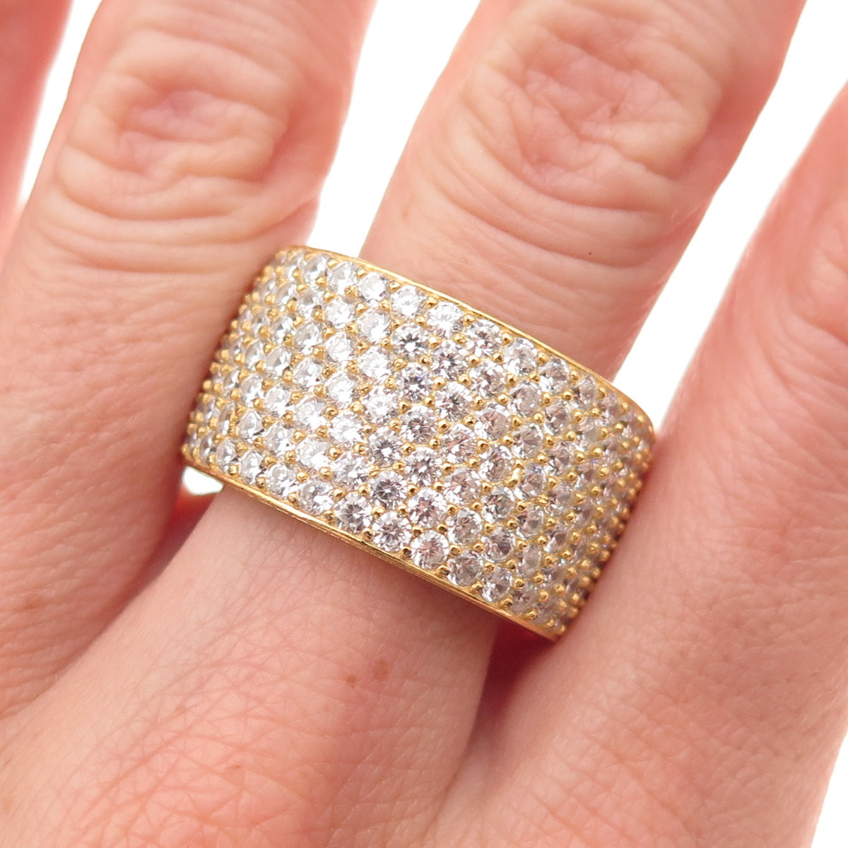 925 Sterling Silver Gold Plated Round-Cut C Z Wide Band Ring Size 9.5