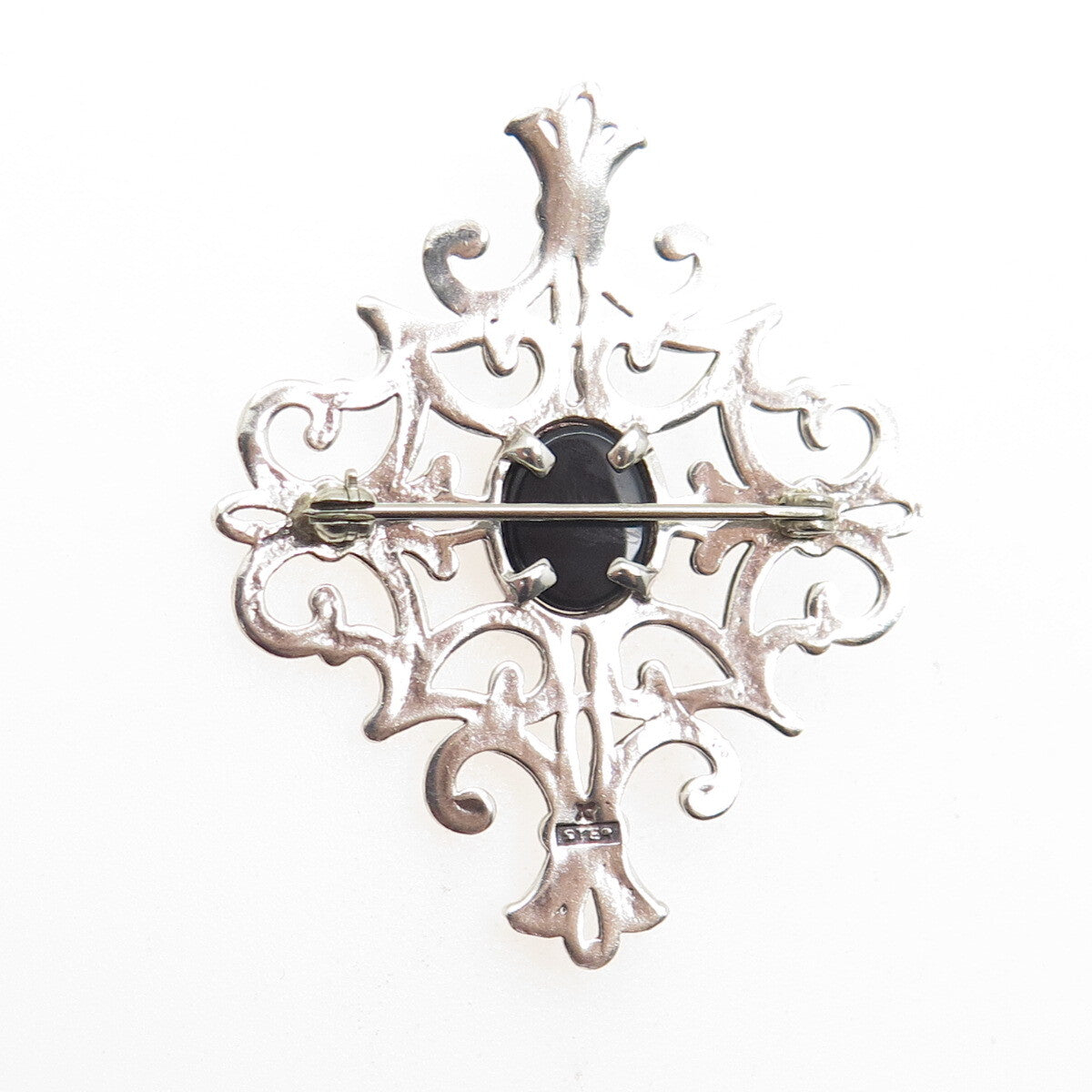 925 Sterling Silver Vintage Real Black Onyx Fleur de Lis Cross Pin Brooch